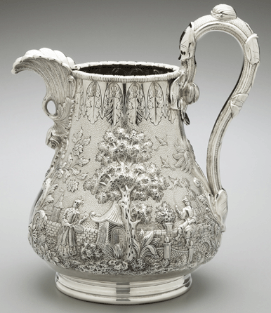 After starting out as a modest fancy goods retailer on lower Broadway, Charles Henry Tiffany established Tiffany, Young & Ellis in 1841 and began to manufacture silver pieces ten years later. This ornate water pitcher, circa 1850, decorated with an elaborate Chinese landscape, was one of the earliest silver objects Tiffany sold.