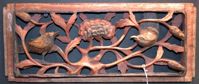 New Hampshire dealer John Rogers sold several of these Chinese wood lace carvings that were taken from destroyed beds. The superb carving also carried auspicious symbolism, such as this pair of birds, which bring good news, and the coxcomb flower signifying a winner or person of high ranking.