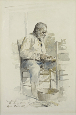 Lyell E. Carr (1857‱912), "Noontime Mending Chairs,†1897, watercolor on paper, 15½ by 10½ inches, on loan from the Spanierman Gallery, New York City.
