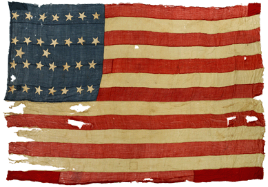 Rare 28-star United States ensign from the USS Constitution, Texas flag, circa 1846, comprised of wool bunting, with 28 appliqued cotton stars. It brought $134,500.