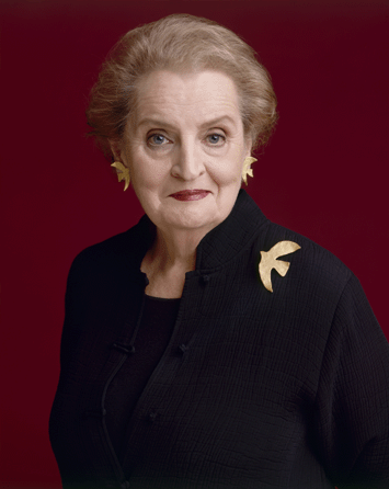 Madeline K. Albright, born in Czechoslovakia shortly before World War II and raised in Denver, Colo., was a mother and an academic before becoming US permanent representative to the United Nations and then the first female secretary of state. During her government service, she developed the practice of wearing pins as diplomatic statements. She now teaches at Georgetown University, chairs a global strategy firm and an investment advisory firm †and continues to collect pins. Portrait by Timothy Greenfield-Sanders.
