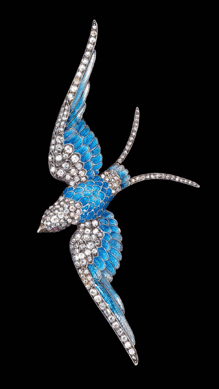 Dating to around 1880 and designed by an Austrian, Anton Lachmann, this soaring "Blue Bird†is made of yellow gold, silver, rubies, diamonds and enamel and measures 4¼ by 2 inches. Albright wore it headed up or down, depending on the occasion.