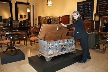 "She knew of Freeman's,†Freeman's furniture expert Lynda Cain (pictured above) said of the young woman who called to offer the Philadelphia auction house this painted and decorated yellow pine blanket chest that has never been out of the family. Attributed to Johannes Spitler of Massanutten, Va., the circa 1800 chest, sailed past estimate to bring $350,500, a record for a Spitler chest. ⁌aura Beach photo