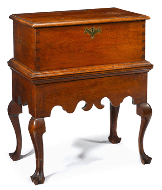 Another rare blanket chest, a diminutive Queen Anne walnut blanket chest-on-frame, probably Philadelphia, circa 1760 ($3/5,000), performed exceedingly well, realizing $46,875 to a bidder on the phone.