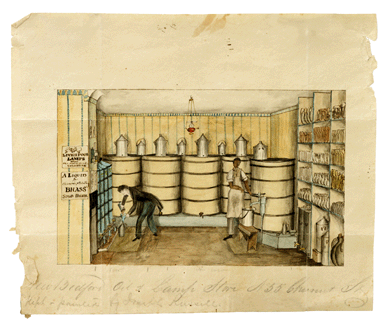 A watercolor of the interior of the J.S. Russell Whale Oil and Lamp Store, 55 Chestnut Street, Philadelphia, by Joseph Shoemaker Russell ($2,5/3,500) proved popular, ultimately selling for $23,750.