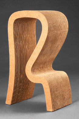Frank Gehry's 1971 high stool is part of his Easy Edges line and is made of corrugated cardboard, Masonite and wood.