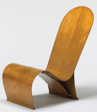 The Adjustable Lounge Chair, 1947, in birch, laminated birch and brass was designed by Herbert von Thaden for the Thaden Jordan Furniture Company in Roanoke, Va. The chair shows the influence of Thaden's career as a designer of aircraft.
