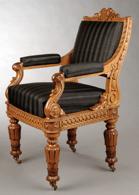 An oak and pine chair with a horsehair seat cover was made for the House of Representatives by Thomas Ustick Walter, architect of the Capitol from 1851 to 1865. Because of time constraints, half of the 262 chairs required were made by Bembé and Kimbel of New York and half by the Desk Manufacturing Company of Philadelphia.  