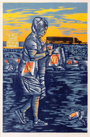 Anthony Lazorko, "Fast Food Momma,†woodcut, 2012.