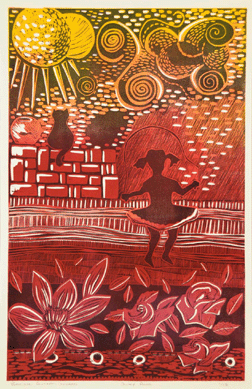 Veronique Coutant-Godard, "Jump Rope,†color linocut.