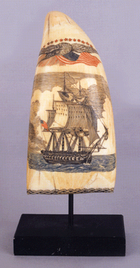 One of the most important lots of the sale turned out to be a New England scrimshaw whale's tooth, early Nineteenth Century, the front decorated with a sailing ship and the reverse depicting an oval portrait of Grace Darling. It measures 6¼ inches high, the provenance lists Josephine Dawes of Hightstown, N.J., and the high estimate was $12,000. Active bidding took the final bid to $88,875.