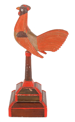 The sale started off well with a Pennsylvania carved and polychrome decorated rooster by the Deco-Tex Carver, inscribed on the bottom "Frank LaRue Smith made by E. LaRue my grandfather over 100 years ago.†It had a tin painted comb, measured 11½ inches tall and sold for $30,810, against a high estimate of $25,000. 