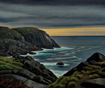 Upon his return to the island, Kent repeated paintings of favorite views, including untitled (Maine Headland scene) (Black Head), measuring 20 1/8 by 24 1/8 inches. It documents his continued enthusiasm for the island's features as he expressed them four decades earlier: "rock-bound shores,&⁴owering headlands,&⁴hundering surf&⁉t was enough for me&”†Farnsworth Art Museum, bequest of Irene von Horvath, 2009.