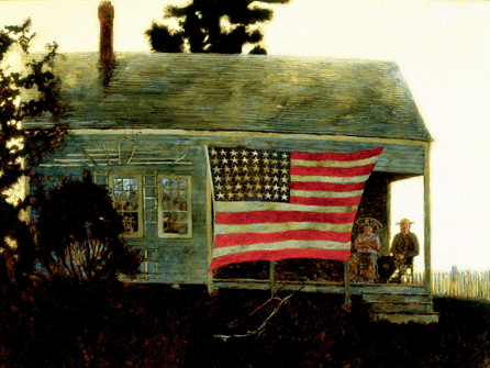 Monhegan is loaded with venerable, weathered structures, and when some locals draped an American flag across one, Wyeth recorded the scene. The vignette, 30 by 40 inches, conveys the stability and traditions that mean so much to those who know the island and its history. Collection of Dr Richard Rothman.