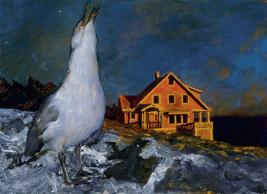 In "Jenny Whibley Sings,†2008, "Wyeth's juxtaposition of the screeching larger-than-life white gull against the sunset-lit and, by comparison, smaller house in the background removes the house from the context of the picturesque and transforms it into part of the dramatic stage set Wyeth has created,†says curator Komanecky. The oil on board measures 25½ by 35½ inches. 