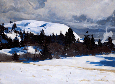The outstanding Kent painting in the Farnsworth's collection, "Winter Coast,†circa 1907, offers a seldom-depicted view of the snow-clad island in the grip of winter. The juxtaposition of dark trees and snowy terrain, set against a white-clouded sky, "tells of a big grip on essentials,†as admiring contemporary critic James Huneker of the New York Sun put it. Farnsworth Art Museum, bequest of Elizabeth B. Noyce, 1997.