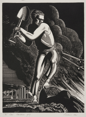 A dedicated advocate for social justice and champion of the workingman, Kent joined numerous liberal organizations and used his art on behalf of progressive causes. His pro-labor stance and the numerous strikes in which he was involved are reflected in "Workers of the World, Unite!,†a 1937 wood engraving. The idealized worker, his factory in the background, swings his shovel mightily at what appear to be pointed bayonets, presumably symbolizing management. Philadelphia Museum of Art.