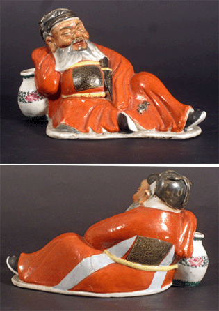 Front and back views of the stolen Chinese Export porcelain model of the Chinese god of wine, 5 by 9 by 5 inches.