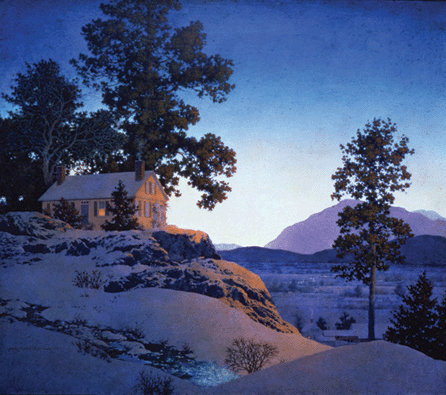 Maxfield Parrish (1870‱966), "Evening (Winterscape),†1953, oil on panel, 13½ by 15½ inches. 