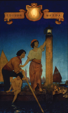 Maxfield Parrish (1870‱966), "Venetian Lamplighters,†1924, oil on canvas, 28¾ by 18¾ inches, initialed lower right.