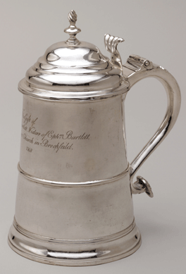 Patriot Paul Revere Jr, known as the finest American colonial silversmith, made a set of six silver tankards on commission to commemorate a widow's gift to the Third Church at Brookfield, Mass. The quart communion wine tankards, dated 1768, are inscribed to the generous woman. Courtesy Winterthur.