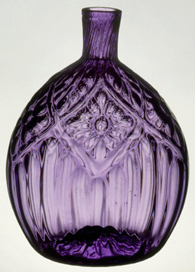 This amethyst "diamond-daisy†pattern flask, probably Henry William Stiegel Glassworks Manheim, Penn., 1769‷4, is one of several at Winterthur made from the same mold. Such flasks were also made in cobalt blue or colorless glass and are associated with Henry William Stiegel, who primarily made bottles, window glass and German-style beverage and tableware. Bequest of Henry Francis du Pont. Courtesy Winterthur.