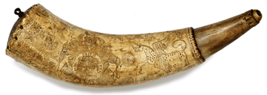 Among a strong showing by powder horns was this engraved powder horn inscribed to Moses Walcut that fetched $25,850.