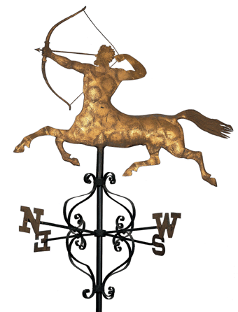 The copper weathervane with gold leaf in the form of a centaur came from a barn in Hollis, N.H., and relates to the mid-Nineteenth Century fascination with new life forms and the roots of mythological creatures. It was probably made by A.L. Jewell & Company. ₩2000 John Bigelow Taylor photo