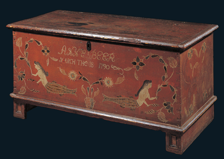 Anne Beer's 1790 Pennsylvania dovetailed blanket chest reflects some maritime connection. In old red paint, it is decorated with mermaids and flowers. Collection American Folk Art Museum, New York. ⁇avin Ashworth photo
