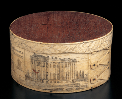 A mid-Nineteenth Century sailor-made ditty box of whale skeletal bone, mahogany and rosewood was made with three nautical fingers and engraved with an image of impressive dwellings. Collection American Folk Art Museum, New York. ⃣2000 John Bigelow Taylor photo