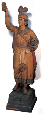 With the transition from sail to steam, woodcarvers looked to new streams of income, which they found in tobacconist shops. A life-size carved and painted figure of Sultana, 1880, attributed to the workshop of Samuel Anderson Robb, is a prime example of the New York shop figure. Collection American Folk Art Museum, New York. ₩2000 John Bigelow Taylor photo
