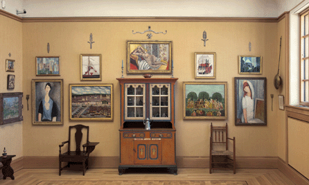 As in all ensembles, the east wall of Room 18 features a grouping of disparate objects from a range of cultures and traditions †including fine art, craftwork and utilitarian items †that form a unit through their formal affinities. The brightly decorated, rust-orange cupboard, 1828, made in central Pennsylvania's Mahantongo Valley in the workshop of Michael Braun, sets the tone for the ensemble that includes a red-haired Modigliani model to the far right and candlesticks atop the cupboard presaging the background forms of Matisse's "Reclining Nude†above and American Charles Demuth's masts and chimneys to the right and left.