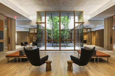 Among the expanded amenities in the new Barnes is this lower lobby, with modern chairs and tables, looking into the Gallery Garden and Library.