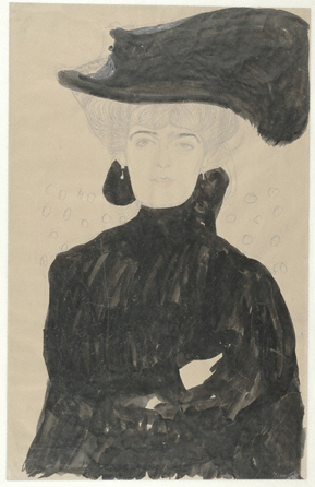 Gustav Klimt (Austrian, 1862‱918), "Lady with Plumed Hat,†1908, brush and wash, pen and ink, over red pencil, 21 5/8 by 13¾ inches. Albertina, Vienna, Austria.