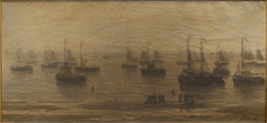 Hendrik Willem Mesdag (Dutch, 1831‱915), "Morning Fishing Boats at Anchor,†oil on canvas, 24 by 51 inches, signed lower right "H W Mesdag,†inscribed with title on a label affixed to the stretcher, brought $198,400.