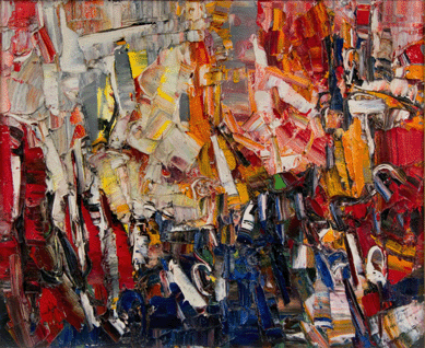 Jean-Paul Riopelle (Canadian, 1923′002), "Folâtre,†1957, oil on canvas, 23½ by 28½ inches, signed "Riopelle†lower right, went out at $173,600.