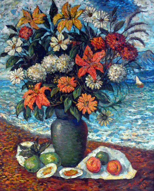 The still life by David Burliuk titled "Vase of Flowers and Sea†realized $13,000.