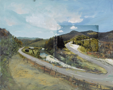 William Wegman, "Road to Road,†2008, oil and postcards on wood panel. Courtesy William Wegman Studio.