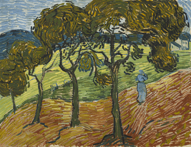 Later in life, Etta Cone acquired works that would place her extensive Matisse collection in historical context. Vincent van Gogh's expressive "Landscape with Figures,†1889, with its marvelously swirling brushstrokes and bold colors, exemplifies what interested Matisse in this masterful painter. Van Gogh sold only one painting in his lifetime, but he had become an icon when Etta purchased "Landscape†in 1934; she paid $10,000 for it †a very sizable amount at the time.