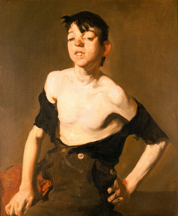 Bellows' interest in the underside of life in New York City was epitomized by a series of paintings and drawings of street youngsters playing and schmoozing in back alleys, and in lively, realistic portraits of poor kids like "Paddy Flanagan,†1908. Painting with bravura and perception, the likeness offers insights into a scrawny but cocky youngster who appears well-suited to survive on Manhattan's mean streets. Erving and Joyce Wolf.