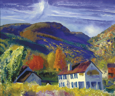 In one of his most beautiful †and last †paintings, Bellows depicted the structure he planned and helped build two years before, amid glorious natural surroundings, in "My House, Woodstock,†1924. "Aside from a feathery handling of paint in the sky,†says Cleveland Museum of Art curator Mark Cole, "the composition teems with direct brushwork applied in urgent daubs; its vivid color scheme, employing a wide spectrum from purple through red, approximates the brilliance of the autumnal setting.†Michael A. Mennello, Winter Park, Fla.