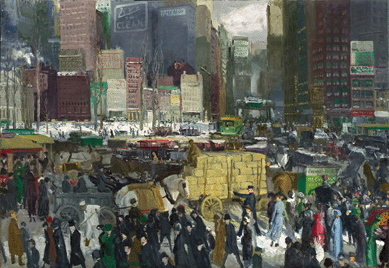 As exhibition curator Charles Brock correctly summarizes, in "New York,†1911, "Bellows strove to encompass the entire life of Manhattan within the borders of a single canvas.†Choosing as his vantage point an area roughly around Madison Square, the artist presented aspects of street life, transportation, advertising and the towering buildings of the burgeoning city in an animated and colorful image. Measuring 42 by 60 inches, it is owned by the National Gallery of Art.