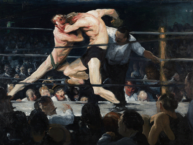As an athlete himself, Bellows was drawn to illicit boxing matches staged in athletic clubs where fighters and fans became "members†to witness pugilistic brawls. In the greatest boxing painting of all time, "Stag At Sharkey's,†1909, the artist employed slashing brushstrokes, dramatic lighting and expressive color to capture not only the gladiators locked in combat, but the atmosphere of cigar smoke and body heat generated by patrons fueled by animalistic bloodlust. National Gallery of Art.