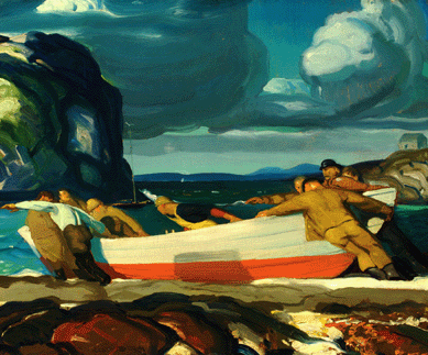 Summering on the midcoast Maine's Monhegan island, Bellows paid tribute to its hardy fishermen in the brightly hued, vigorously brushed and animated "The Big Dory,†1913. The artist's careful, complex composition, with the diagonal push of the fishermen's figures and the boat contrasting with topographical horizontals, results in "an intricate composition masked as a simple and natural scene, a true testament to Bellows' mastery,†says Corcoran Gallery of Art chief curator Sarah Cash. New Britain Museum of American Art.
