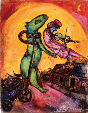 Marc Chagall, "Fantastic Horse Cart (La Caleche Fantastique),†1949, gouache and pastel on paper, 23¼ by 18 1/8  inches, gift of Ann R. Smeltzer, Blanden Art Museum.