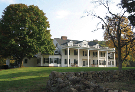 Theodate Pope Riddle designed Hill-Stead's Mount Vernon-style west façade after a visit to George Washington's estate in Virginia. Subsequent additions enhanced the livability of the interior and added individuality to the much-admired exterior architecture. Theodate's carefully planned stone walls frame and support the unique character of the landscape. ⁊ames O'Gorman photo