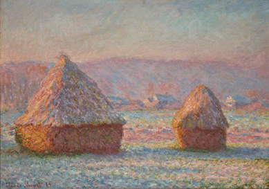 One of Claude Monet's many beautiful views of the same subject in all seasons, all times of day and all kinds of weather conditions, "Grainstacks, White Frost Effect,†1889, is a prominent feature of Hill-Stead's drawing room.