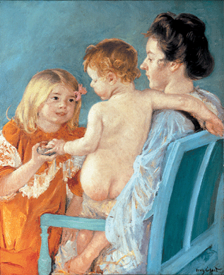 One the few sentimental paintings acquired by Alfred Pope was Mary Cassatt's "Sara Handing a Toy to the Baby,†circa 1901. The painting was hung by Pope in a second-floor guest room, where it remains today, adding life and charm to a small domestic space. Among Hill-Stead's steady stream of houseguests were Cassatt and her close friend and major art collector Louisine Havemeyer; writers Henry James, Sinclair Lewis, Ida Tarbell, Edith Wharton, and Thornton Wilder; President Theodore Roosevelt and First Lady Eleanor Roosevelt. 