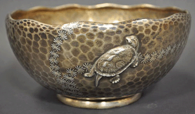 Silver by Tiffany drew frenzied bidding with the hand hammered bowl with applied turtle decoration, consigned from an estate with direct lineage to Confederate General Dimmock, selling at $6,168. 