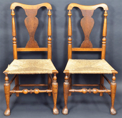 A pair of country Queen Anne chairs with pad feet went out at $1,292.